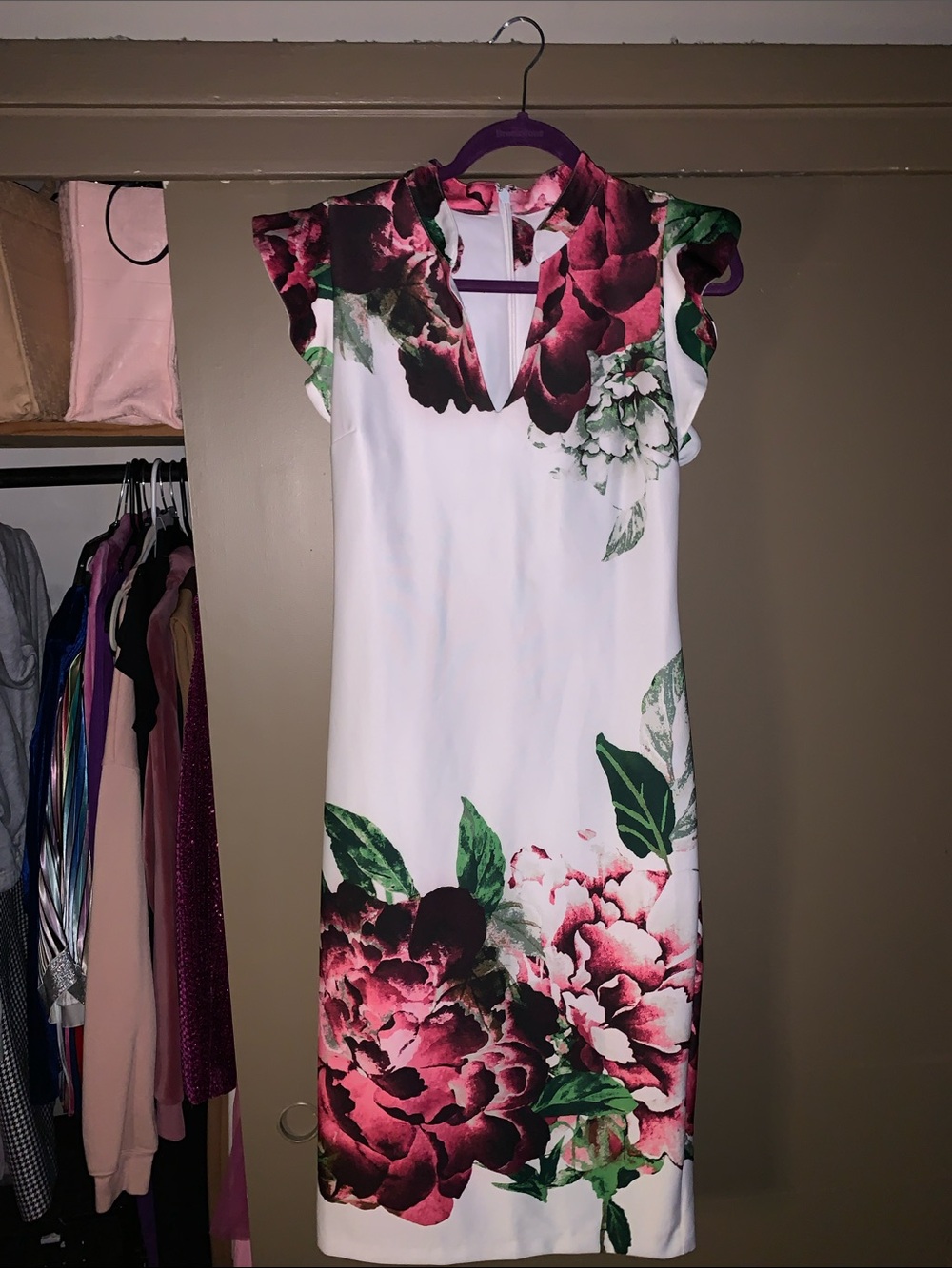 New York & Company White Midi Dress with Pink Floral & Green Leaves